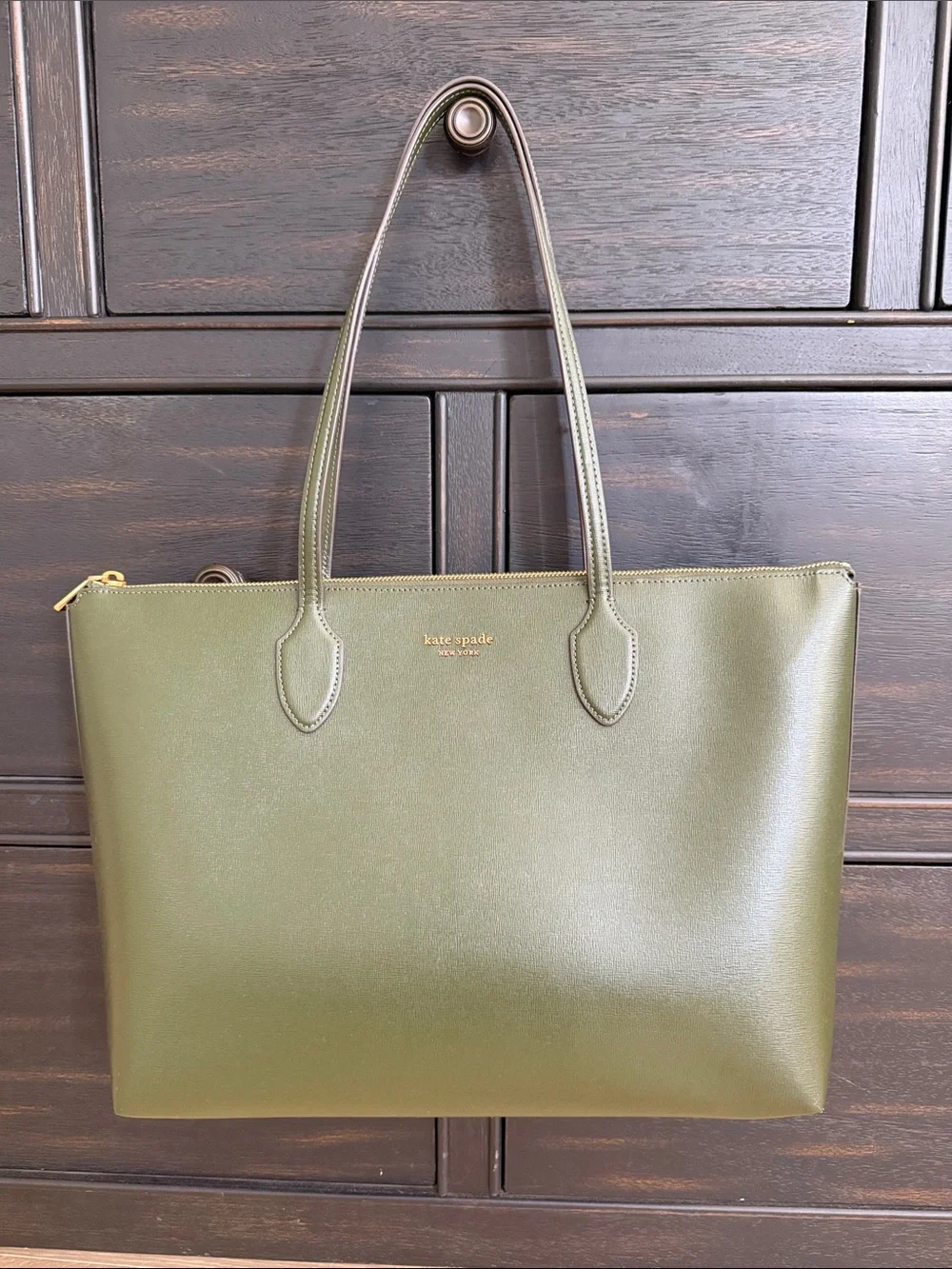 kate spade olive green Saffiano leather tote with gold logo